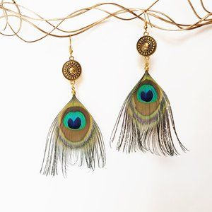 Natural Peacock Feather Dangle Elegant Earrings